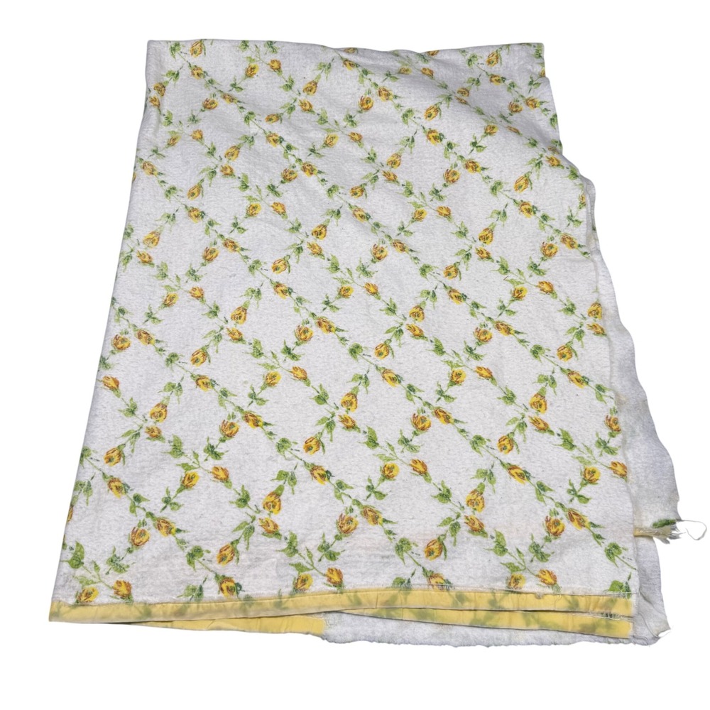 Vintage 70s Yellow Rosebud Trellis Thermal Blanket Satin Trim Floral Cottagecore